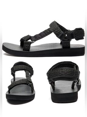 Women's Black Strappy Sandals with Adjustable Hook-and-Loop Straps